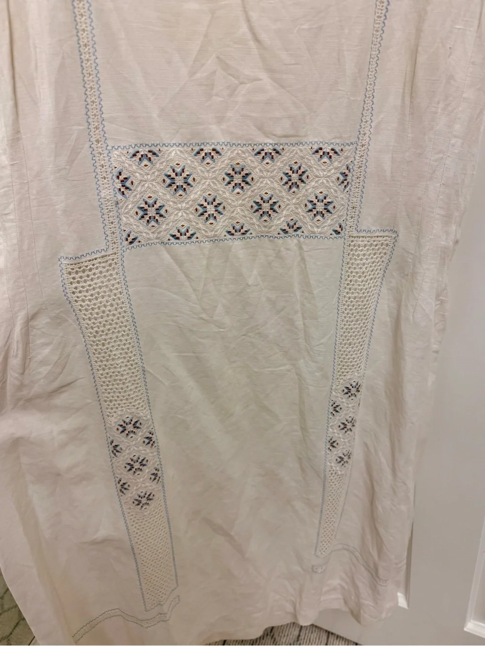 1920’s Antique Hand Embroidered Linen Chevron Lace Cottagecore Cream Lawn Dress - Picture 3 of 16